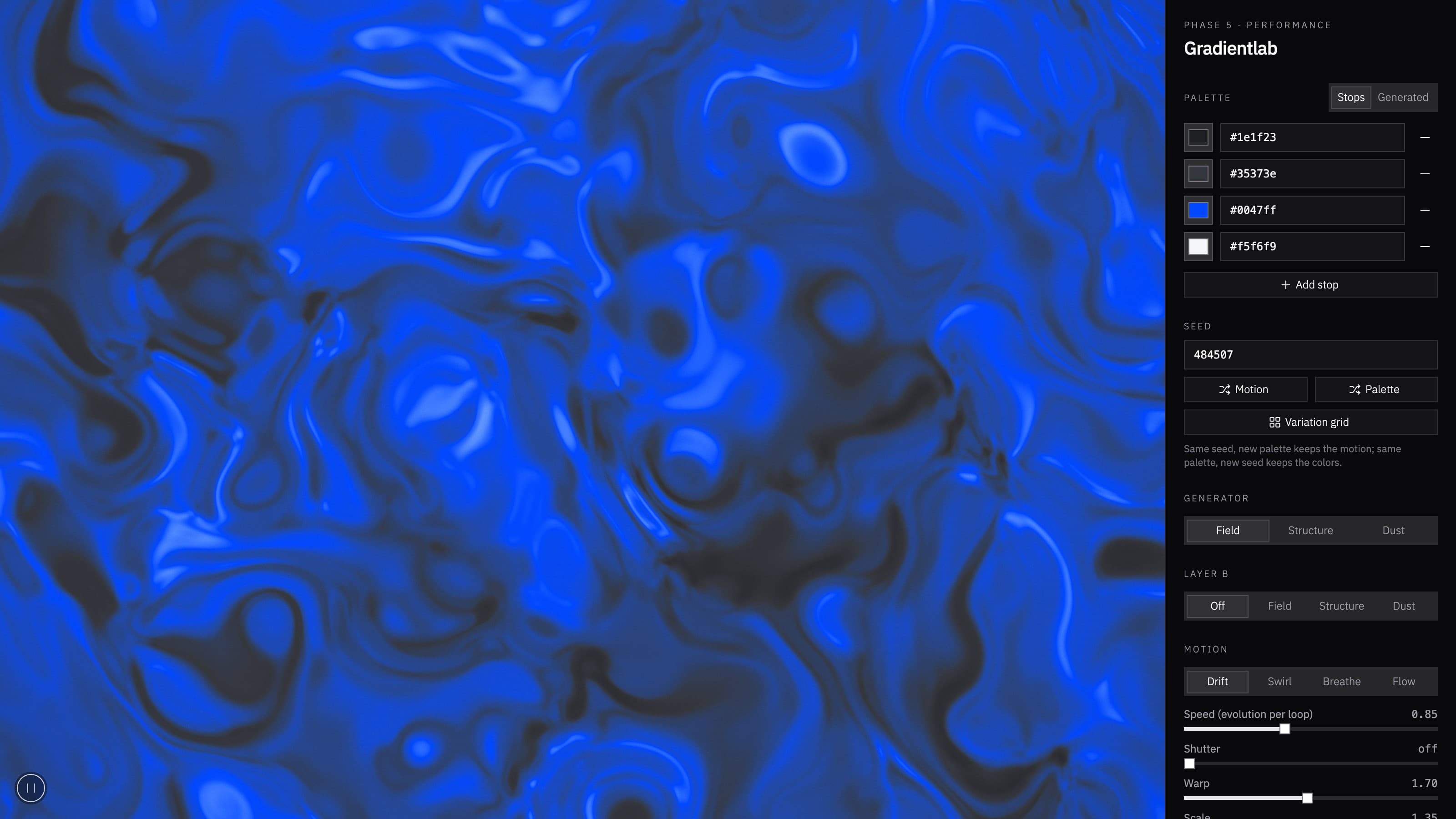 Gradientlab: a looping blue field beside the palette, seed, and motion controls