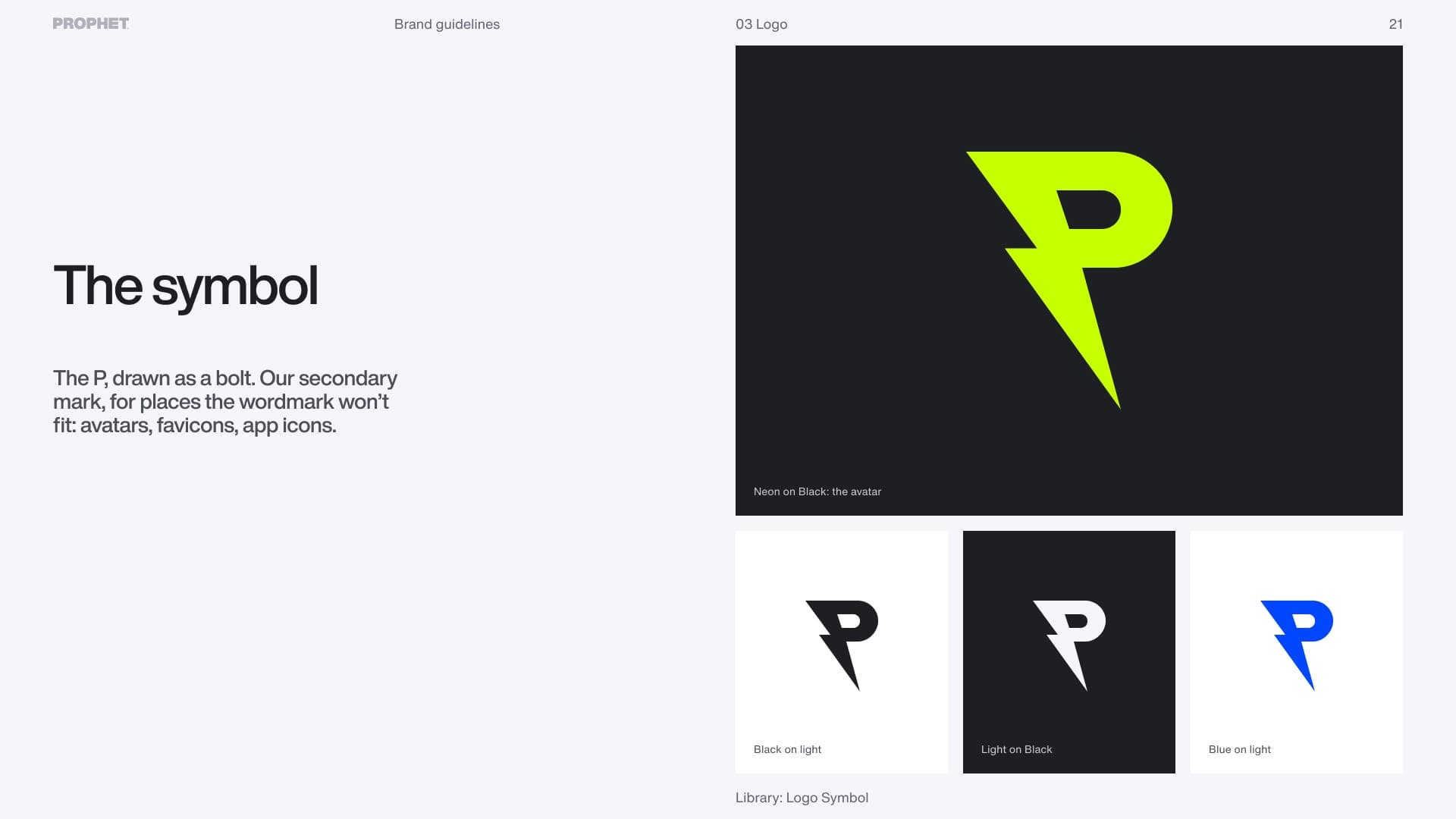 The symbol: the P drawn as a bolt, in Neon, Black, and Blue