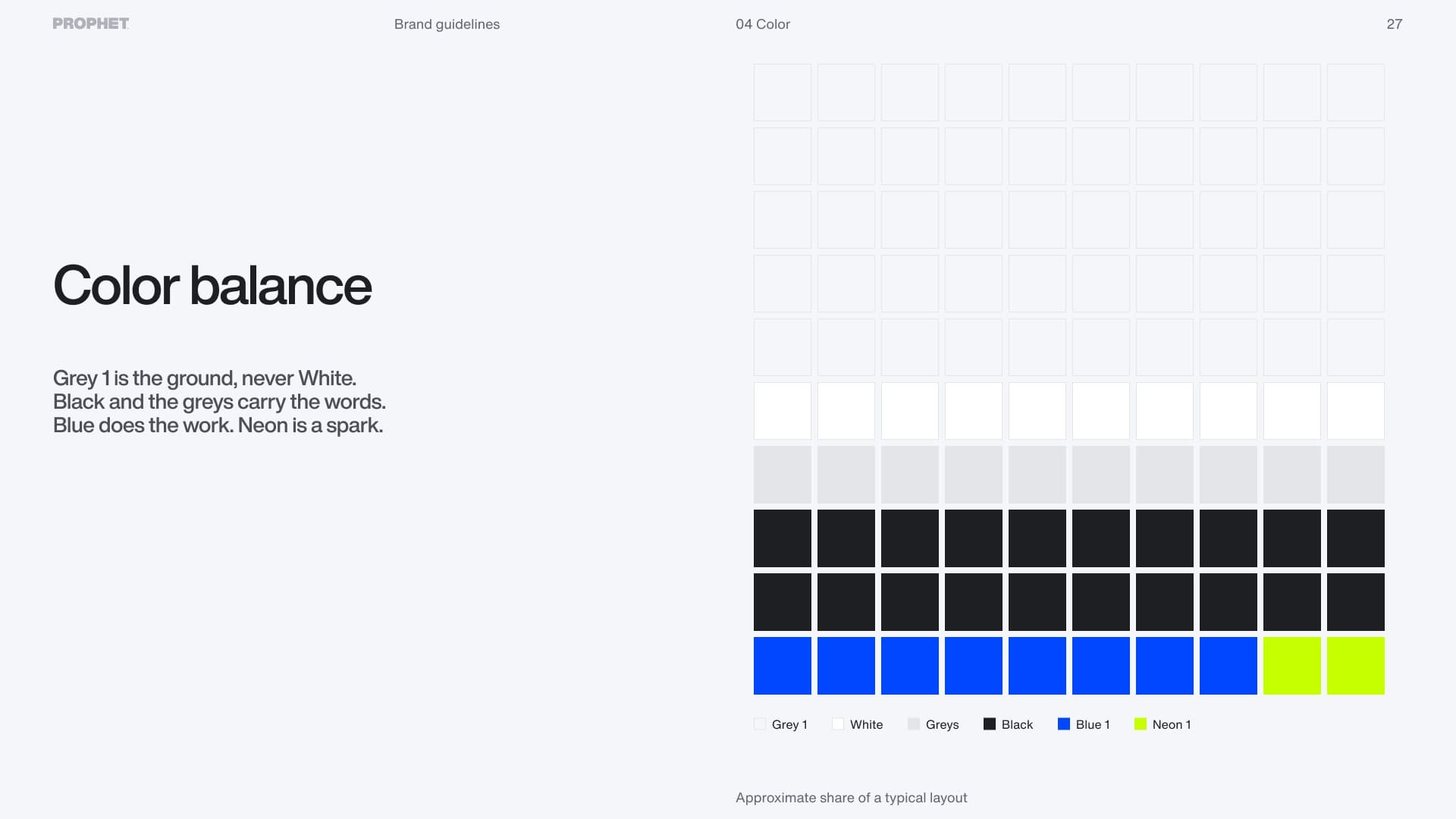 Color balance: Grey 1 ground, black and greys for words, blue for the work, neon as a spark