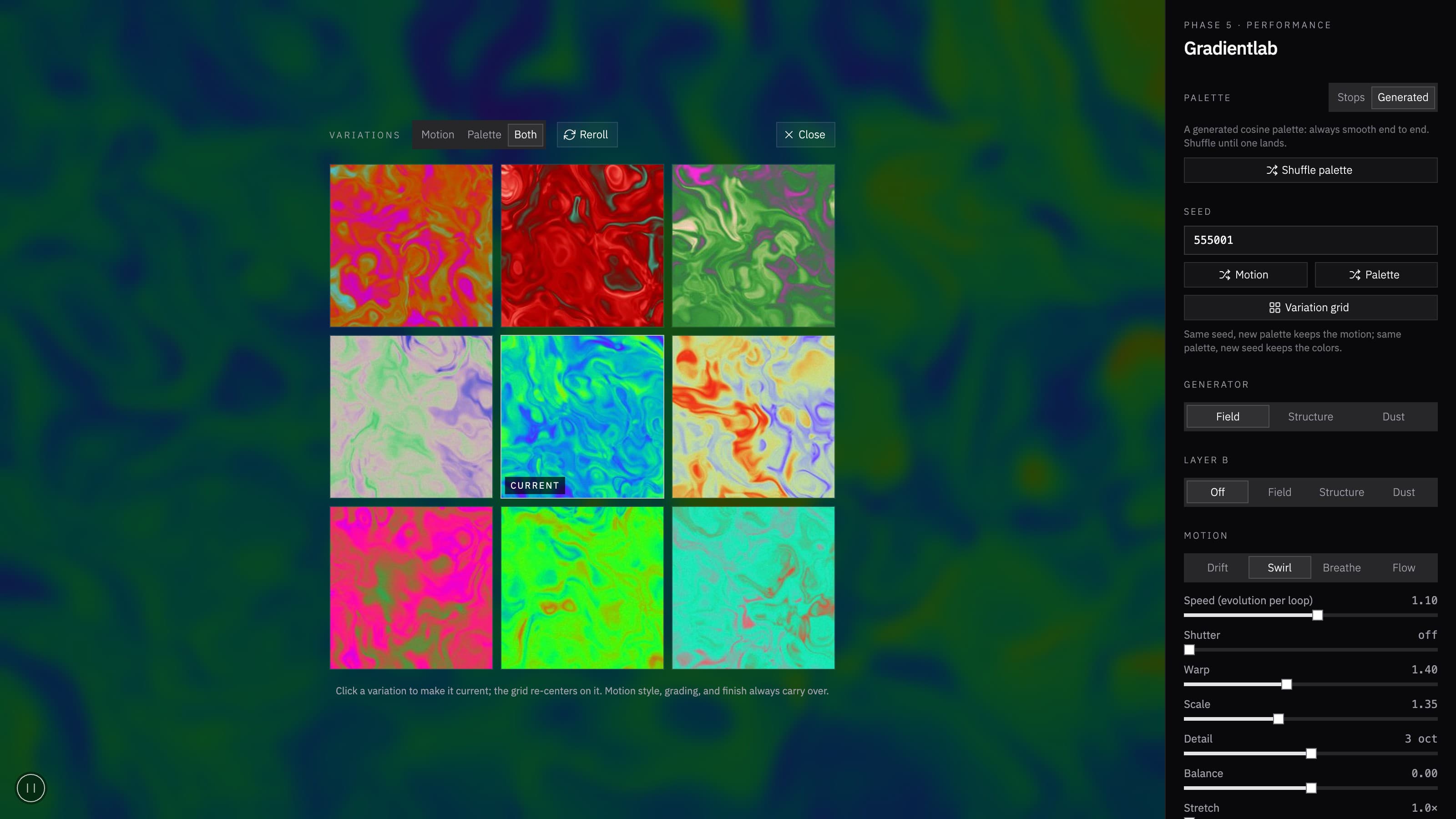 Gradientlab variation grid: nine palettes on one motion